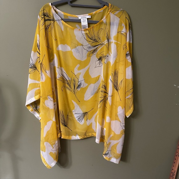 Chico’s Womens Size L/XL Yellow Floral Sheer Poncho Kaftan Kimono Sleeve Boho - Picture 1 of 5